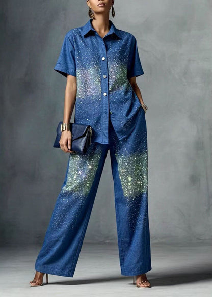 Chic Blue Peter Pan Collar Zircon Denim Two Pieces Set Summer