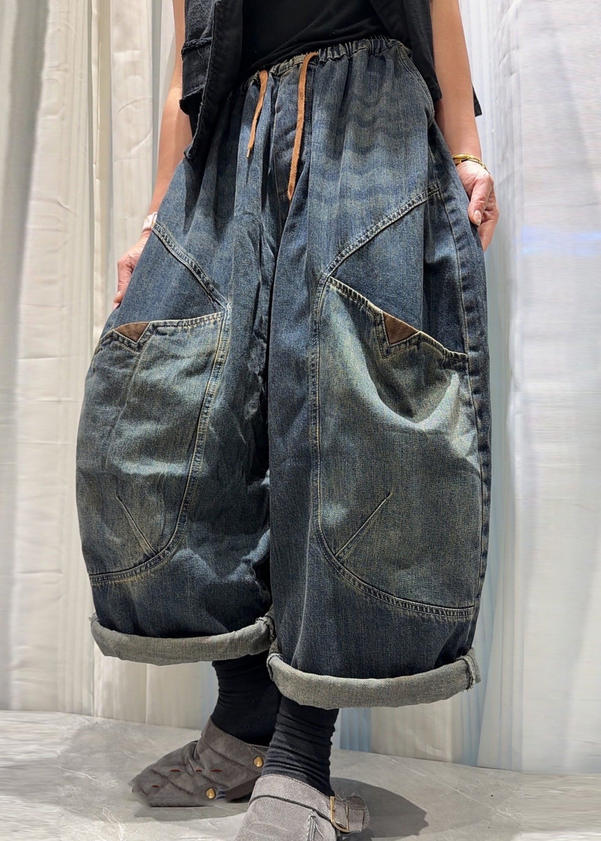 Chic Blue Pockets Patchwork Elastic Waist Denim Pants Fall