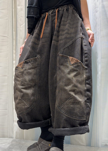 Chic Blue Pockets Patchwork Elastic Waist Denim Pants Fall