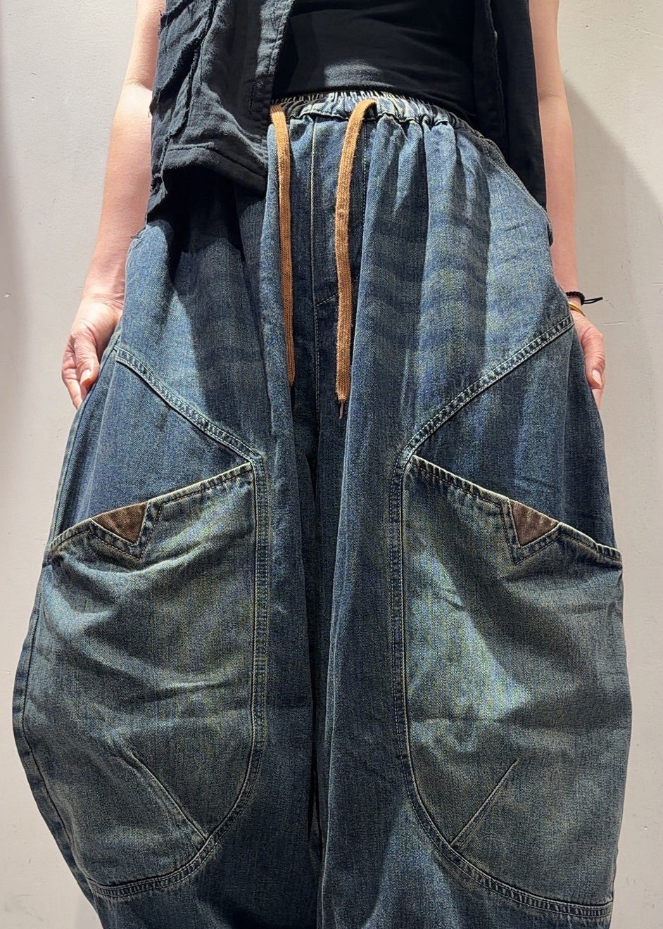 Chic Blue Pockets Patchwork Elastic Waist Denim Pants Fall