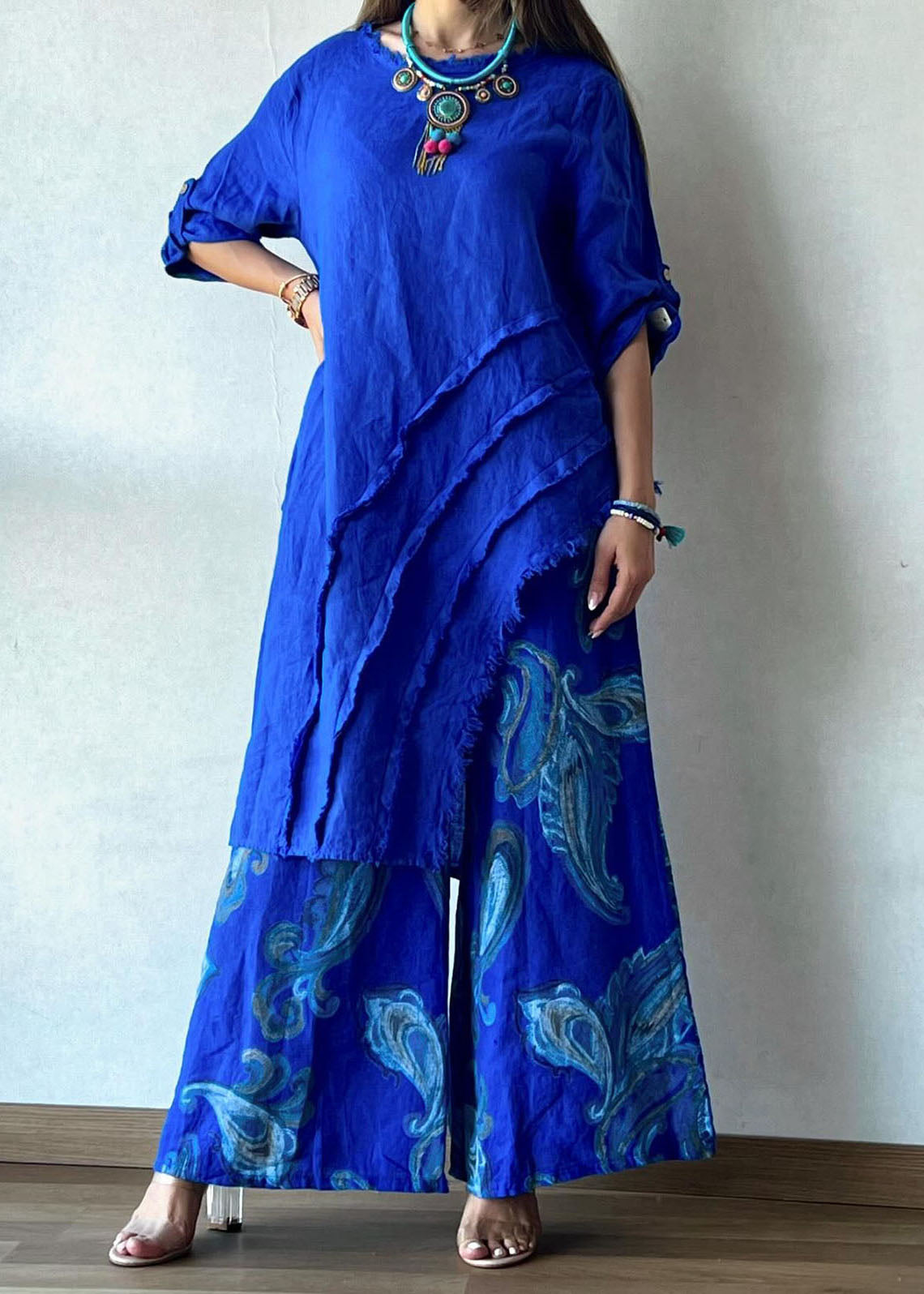 Chic Blue Print Asymmetrical Top And Wide Leg Pants Two Piece Set Summer