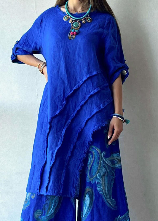 Chic Blue Print Asymmetrical Top And Wide Leg Pants Two Piece Set Summer