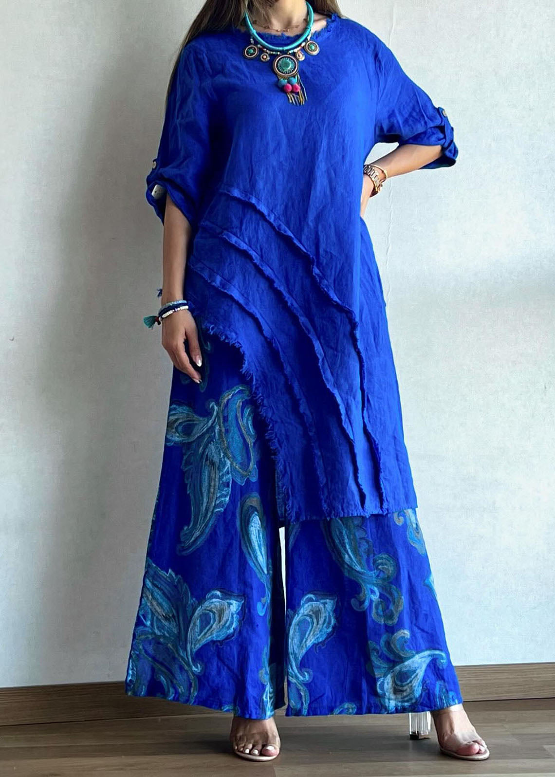 Chic Blue Print Asymmetrical Top And Wide Leg Pants Two Piece Set Summer