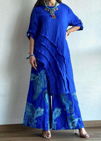 Chic Blue Print Asymmetrical Top And Wide Leg Pants Two Piece Set Summer