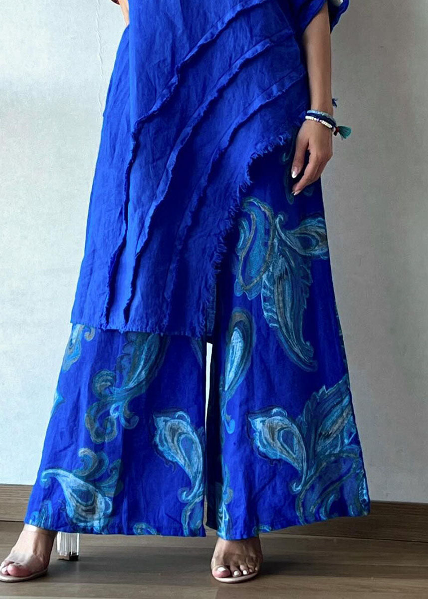 Chic Blue Print Asymmetrical Top And Wide Leg Pants Two Piece Set Summer