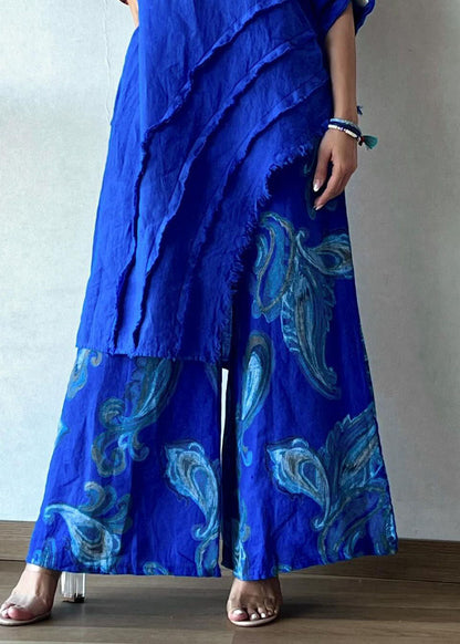 Chic Blue Print Asymmetrical Top And Wide Leg Pants Two Piece Set Summer