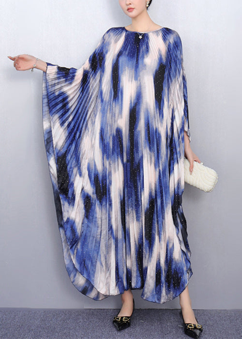 Chic Blue Print Oversized Long Dresses Batwing Sleeve