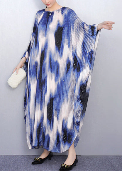 Chic Blue Print Oversized Long Dresses Batwing Sleeve
