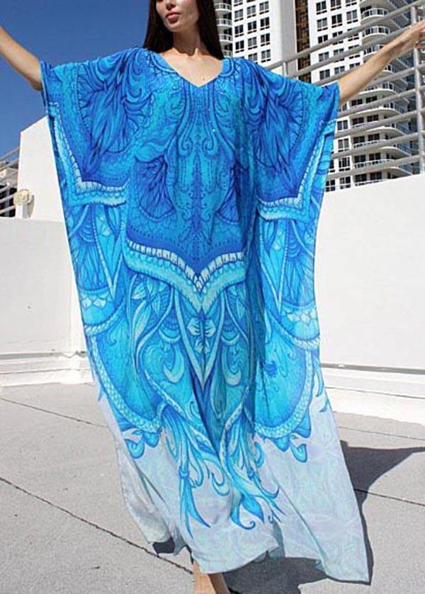 Chic Blue Print kimono robe Maxi Dresses  Cotton Dress - SooLinen