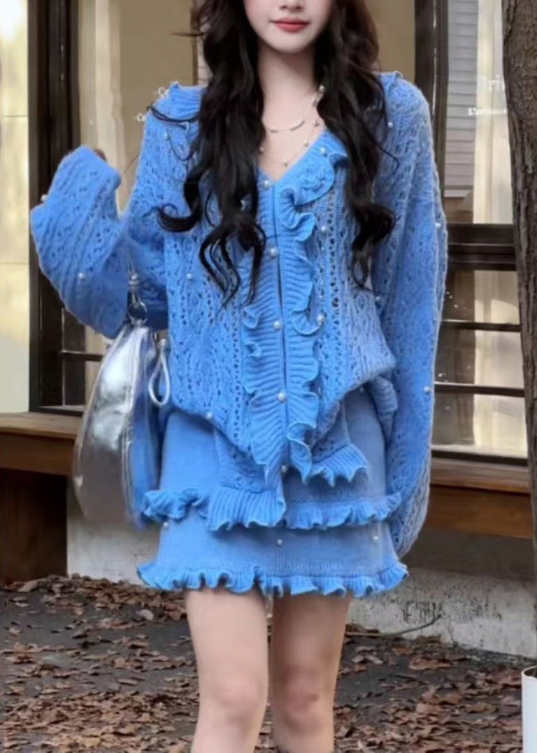 Chic Blue Ruffled Nail Bead Knit Two Piece Set Winter