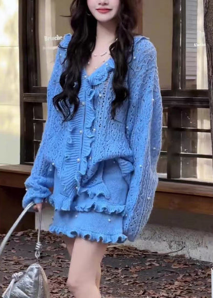 Chic Blue Ruffled Nail Bead Knit Two Piece Set Winter