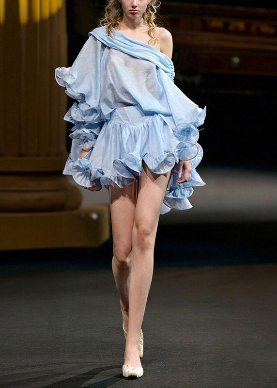 Chic Blue Ruffled Top And Skirts Cotton Two Pieces Set Summer