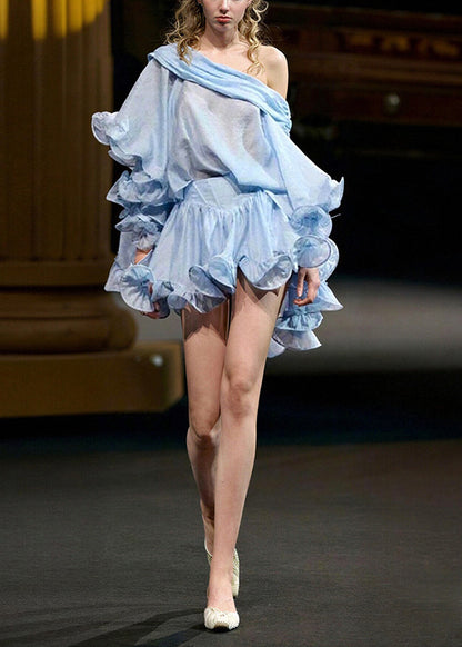 Chic Blue Ruffled Top And Skirts Cotton Two Pieces Set Summer
