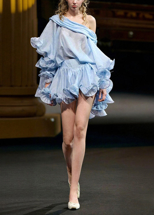 Chic Blue Ruffled Top And Skirts Cotton Two Pieces Set Summer