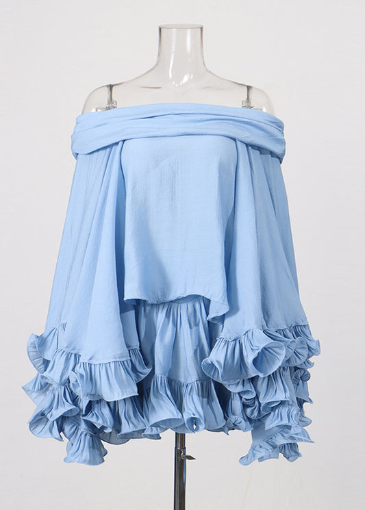 Chic Blue Ruffled Top And Skirts Cotton Two Pieces Set Summer