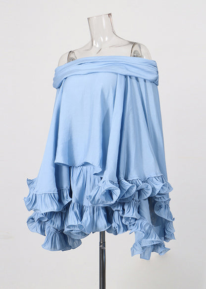 Chic Blue Ruffled Top And Skirts Cotton Two Pieces Set Summer