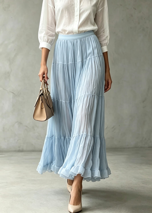 Chic Blue Ruffled Wrinkled Patchwork Elastic Waist Tulle Skirts Fall