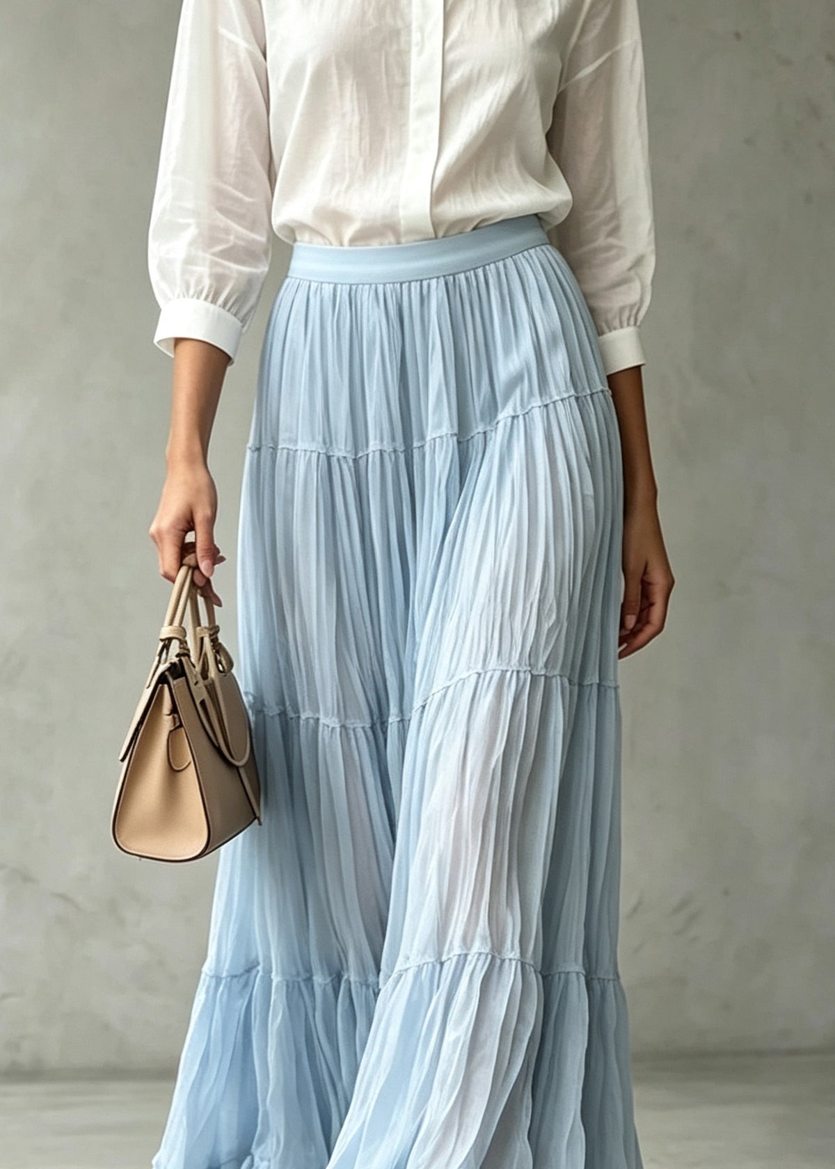 Chic Blue Ruffled Wrinkled Patchwork Elastic Waist Tulle Skirts Fall