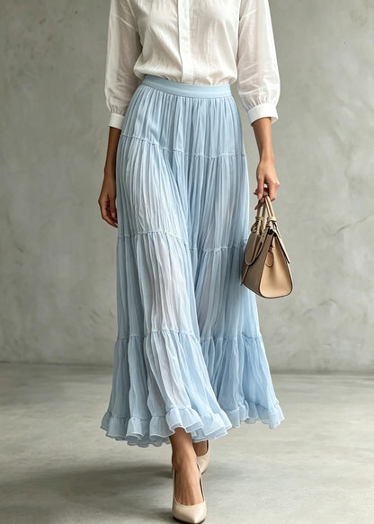 Chic Blue Ruffled Wrinkled Patchwork Elastic Waist Tulle Skirts Fall
