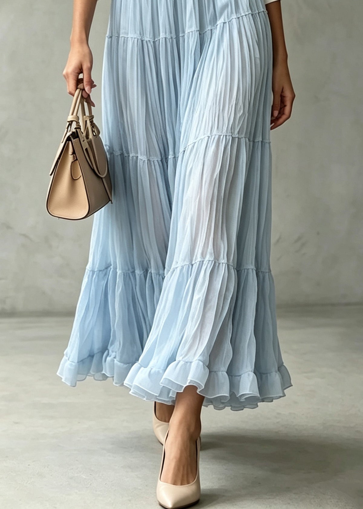 Chic Blue Ruffled Wrinkled Patchwork Elastic Waist Tulle Skirts Fall
