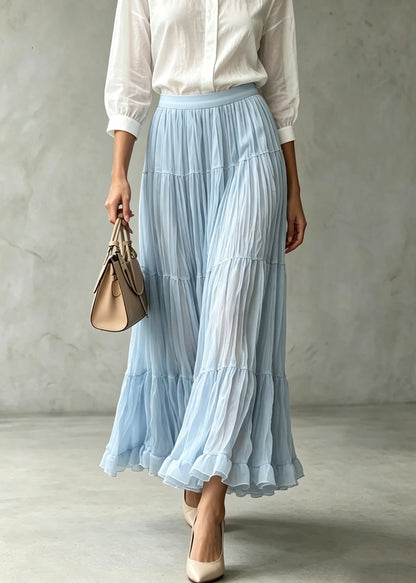 Chic Blue Ruffled Wrinkled Patchwork Elastic Waist Tulle Skirts Fall