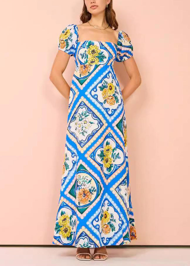 Chic Blue Square Collar Print Long Dress Short Sleeve