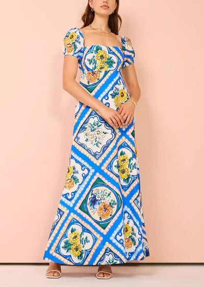Chic Blue Square Collar Print Long Dress Short Sleeve