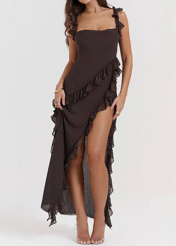 Chic Blue Square Collar Ruffled Asymmetrical Side Open Tulle Dresses Summer