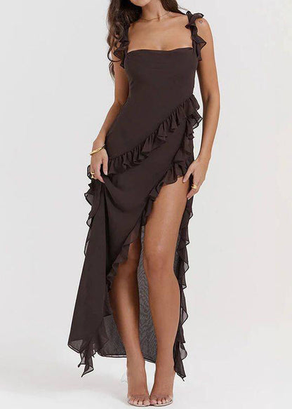 Chic Blue Square Collar Ruffled Asymmetrical Side Open Tulle Dresses Summer