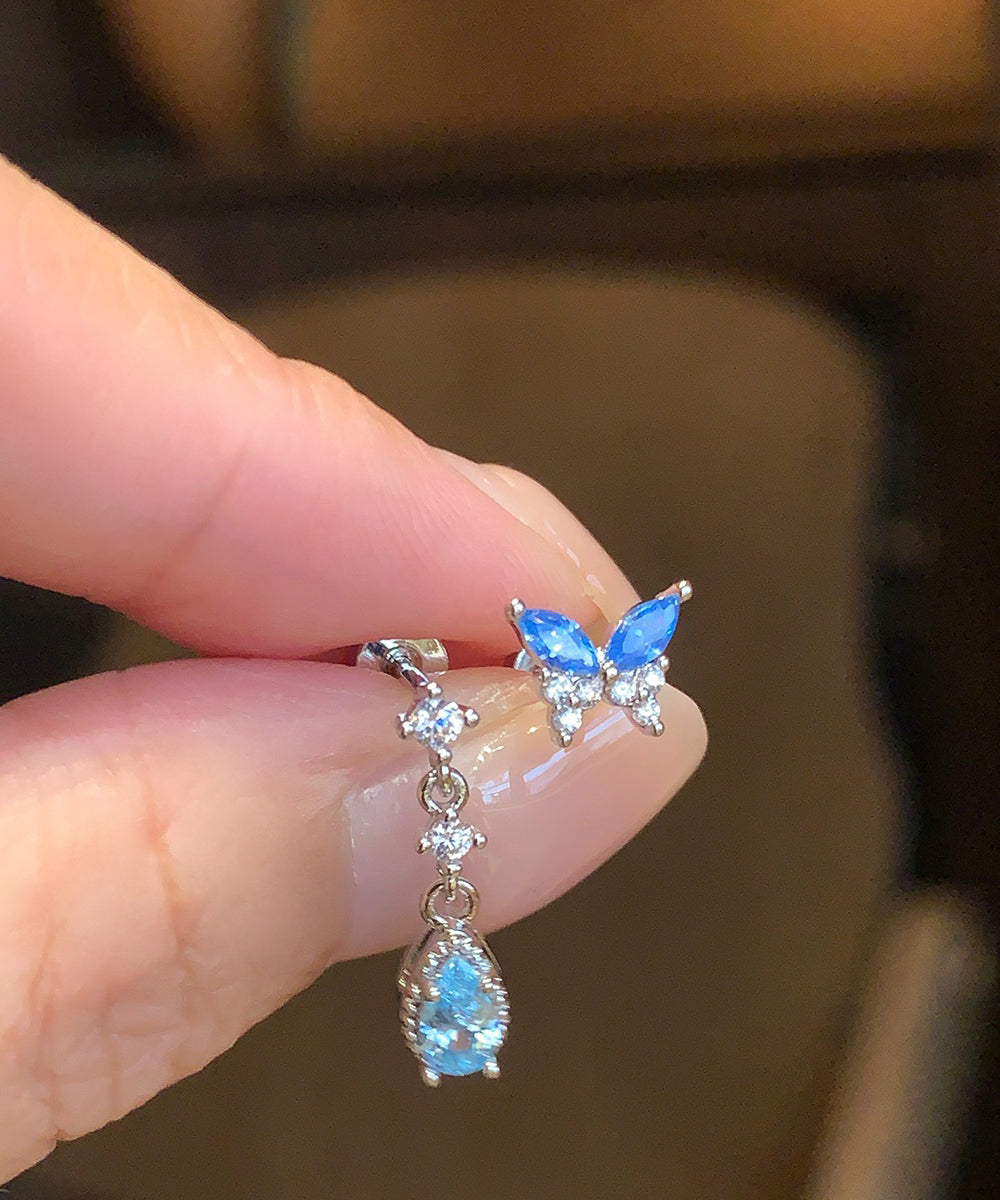 Chic Blue Stainless Steel Butterfly Water Droplet Zircon Asymmetrical Drop Earrings