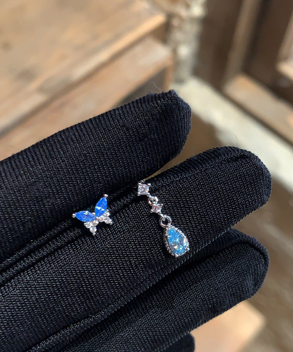 Chic Blue Stainless Steel Butterfly Water Droplet Zircon Asymmetrical Drop Earrings