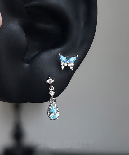 Chic Blue Stainless Steel Butterfly Water Droplet Zircon Asymmetrical Drop Earrings