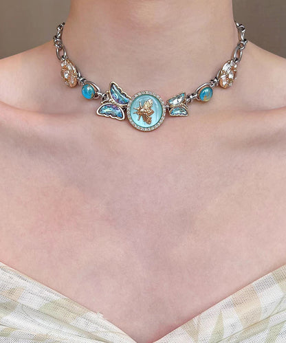Chic Blue Stainless Steel Crystal Butterfly Beading Pendant Necklace Three-Piece Set