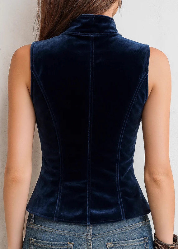 Chic Blue Stand Collar Double Breast Button Corduroy Vest Sleeveless