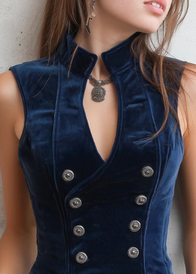 Chic Blue Stand Collar Double Breast Button Corduroy Vest Sleeveless