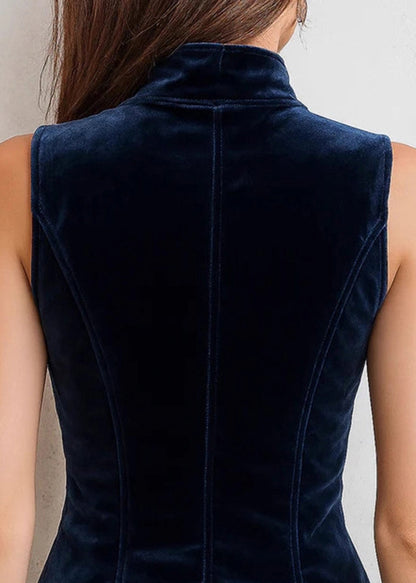 Chic Blue Stand Collar Double Breast Button Corduroy Vest Sleeveless