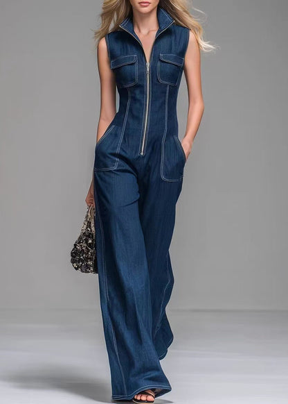 Chic Blue Stand Collar Zip Up Denim Jumpsuits Sleeveless
