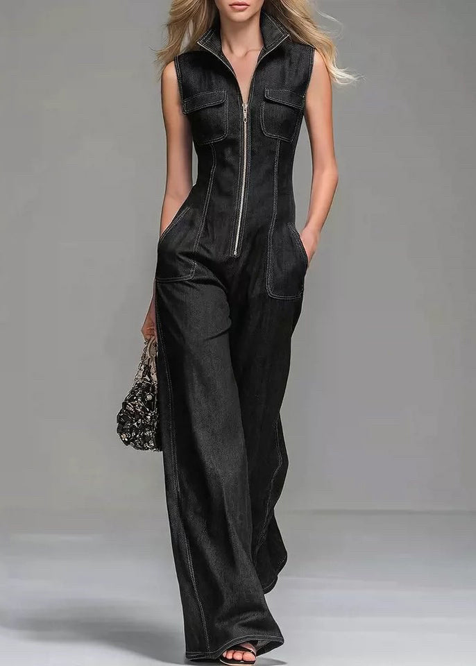 Chic Blue Stand Collar Zip Up Denim Jumpsuits Sleeveless