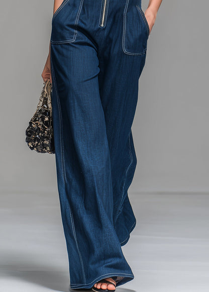 Chic Blue Stand Collar Zip Up Denim Jumpsuits Sleeveless