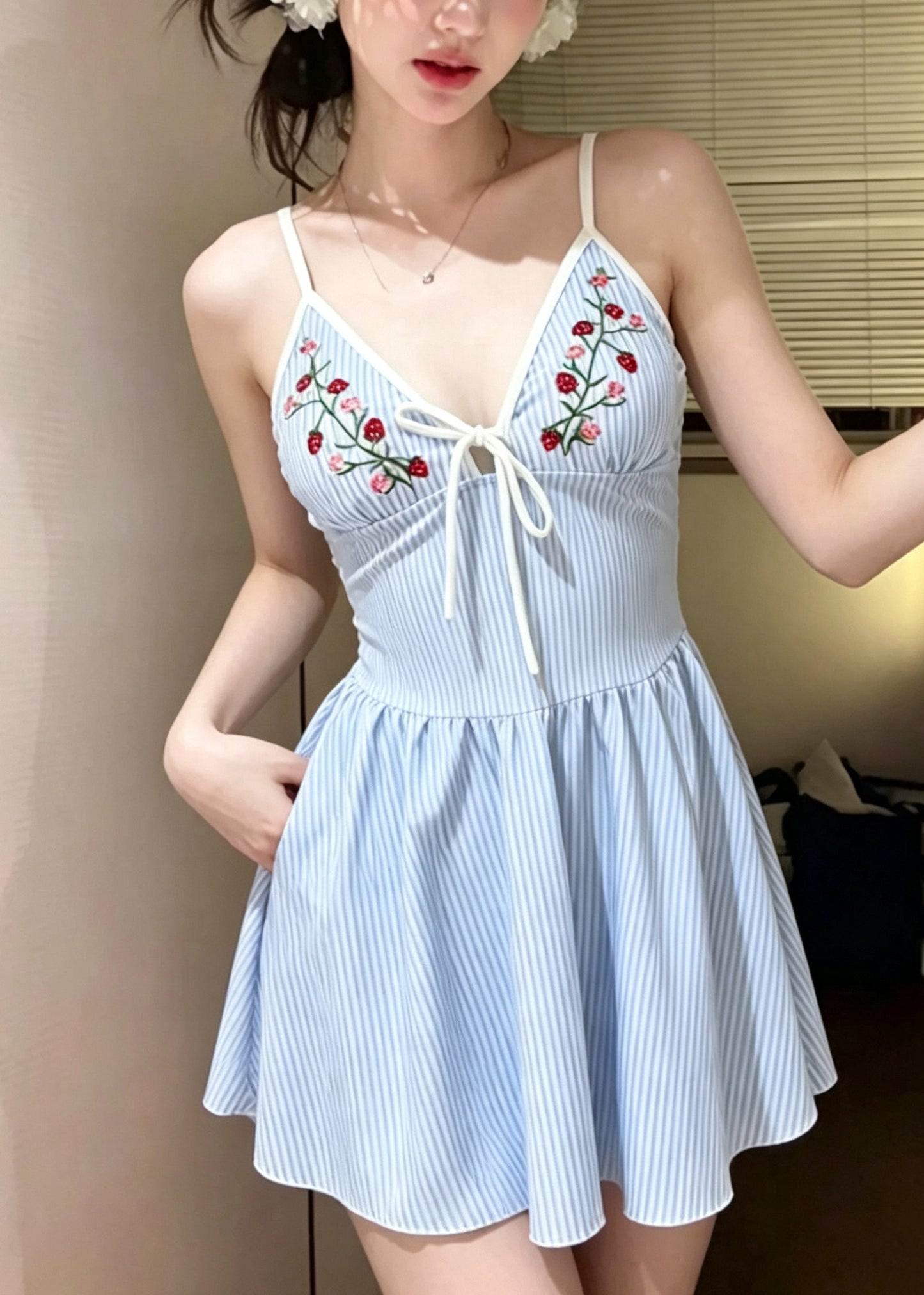 Chic Blue Striped Embroideried Swiming Dress Bodysuits