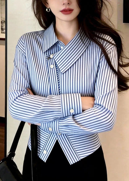 Chic Blue Striped Peter Pan Collar Button Shirt Spring