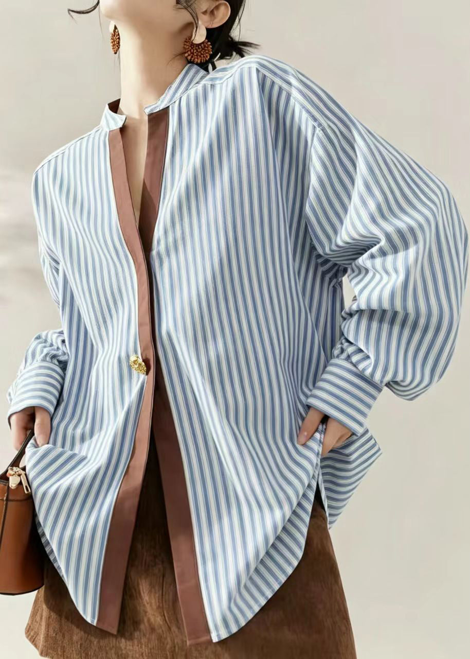 Chic Blue Striped Stand Collar Shirts Long Sleeve