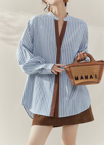 Chic Blue Striped Stand Collar Shirts Long Sleeve