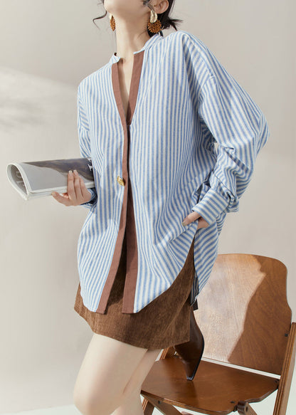 Chic Blue Striped Stand Collar Shirts Long Sleeve