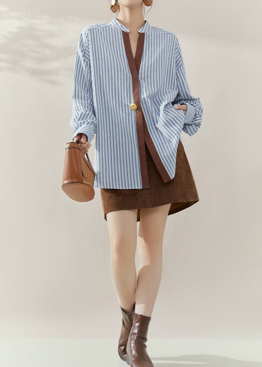 Chic Blue Striped Stand Collar Shirts Long Sleeve