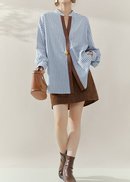Chic Blue Striped Stand Collar Shirts Long Sleeve