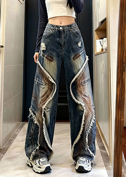 Chic Blue Tasseled Pockets Patchwork Denim Wide Leg Pants Spring