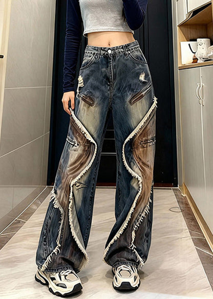 Chic Blue Tasseled Pockets Patchwork Denim Wide Leg Pants Spring