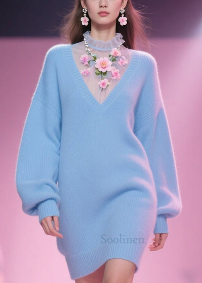 Chic Blue Tulle Floral Patchwork Knit Mid Dress Fall