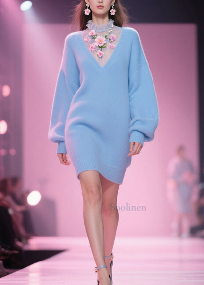 Chic Blue Tulle Floral Patchwork Knit Mid Dress Fall